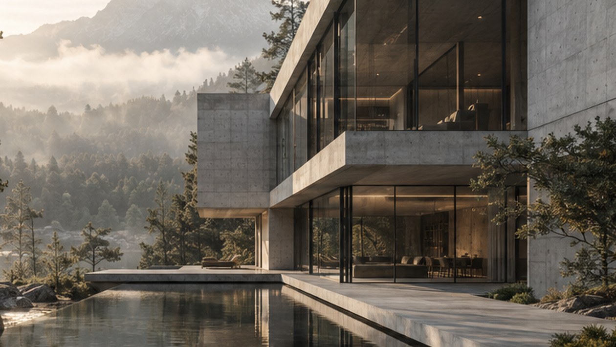Concrete-and-glass architecture in a forested mountain landscape.